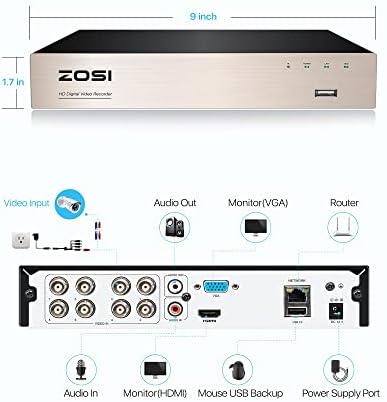 ZOSI 8CH 1080P Câmeras de segurança em casa com disco rígido de 2 TB, H.265+ 8 canal 5mp Lite CCTV DVR e X1080P câmeras