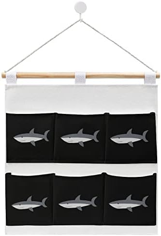 Garáte de parede de tubarão de desenho animado Saco de armazenamento pendurado 6 bolsos de linho de linho sobre as