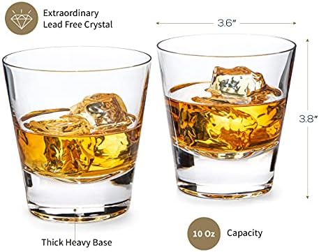MAVERISO Whisky Glasses Conjunto de 2 - Vidro antiquado - barra de coquetel de bola baixa premium com fundo redondo para escocês, bourbon & coquetel - caixa de prata de alumínio de luxo com emblema de latão - 10 oz.