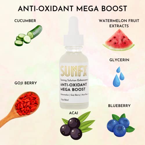 Sunfx Sunless Bronning Additive | Mega Boost anti-oxidante | Melancia, Goji Berry, Açaí Berry - 1 fl oz/30ml