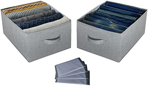 Organizador de jeans de linho grande para armário com 6 divisores removíveis e 2 alças para até 7 grades - Organizador de