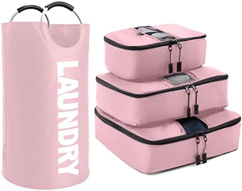 Gorilla Grip Laundry Basket e 3 peças de embalagem, tamanho da cesta de lavanderia 115l, alças de transporte fáceis, sacos de viagem para economizar espaço para continuar em vários tamanhos, zíper de malha, ambos em rosa, 2 pacote de itens