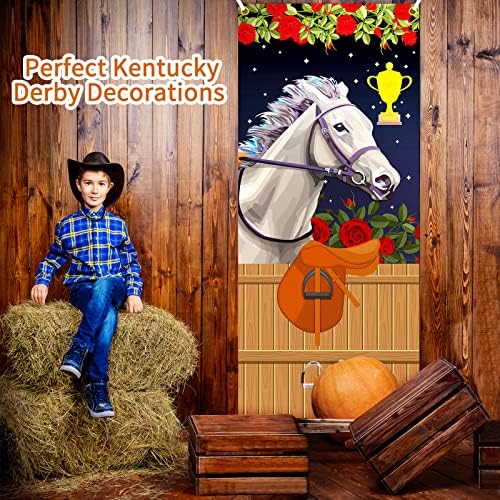 2 PCs 30 x 71 polegadas Derby Day Door Capas com iluminação LED Decorações de corridas de cavalos Banner de cavalos externos, Derby Day Supplies