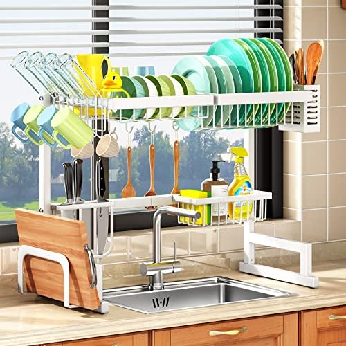 Sobre o rack de secagem de prato, branca ajustável de 2 camadas de secagem para o balcão de cozinha com suporte de pia de