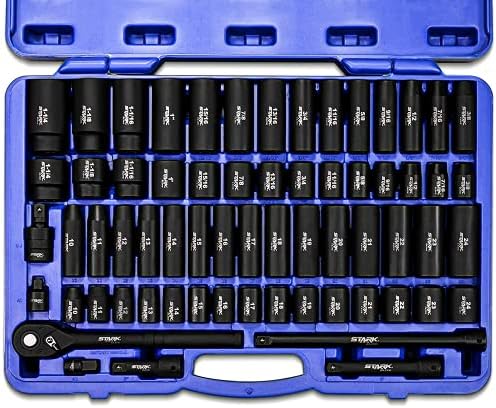 Stark Elite 1/2 Drive Master Impact Socket Set, 65 peças Setor de soquete profundo e raso SAE e adaptadores métricos + alça de catraca incluída