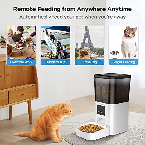 Alimentador de gato automático alimentador de gato com alimentos secos Dispensador de alimentos secos Wi-Fi Design isento de entupimento para gatos e pequenos cães médios Refeição e controle de porção com gravador de voz 10s 4L