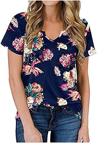Tops de estampa floral para mulheres de verão Casual camisetas modernas de manga curta V blusas de pescoço