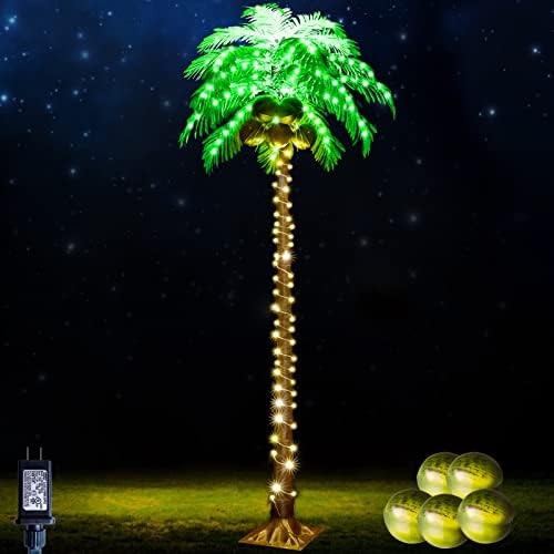 7ft 187 Palmeiras iluminadas LED para pátio externo, luzes artificiais de palmeiras para o exterior, iluminação de palmeira tropical para piscina para piscina no quintal de verão Party Home Hawaiian Tiki Bar Decorações