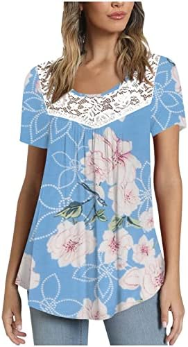 Tops for Women, renda de retalhos da tripulação de pescoço t camisetas de verão estampa floral camisetas de manga curta solta blusa plissada fluida