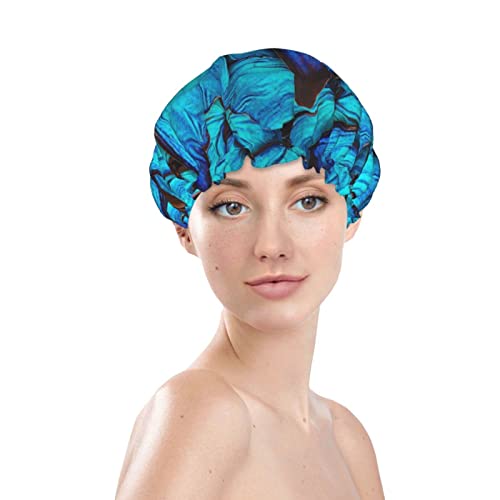 Muitas touca de chuveiro impressa na borboleta azul, chapéu de banho de camadas duplas para mulheres tampas de banho