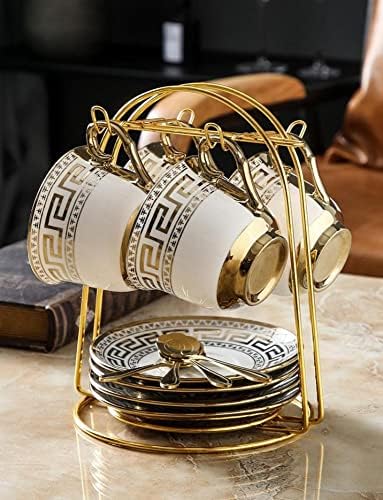 Copos de café e pires Conjunto de 4, xícara de café de luxo com acabamento dourado, impressão de alívio de café com suporte de metal,