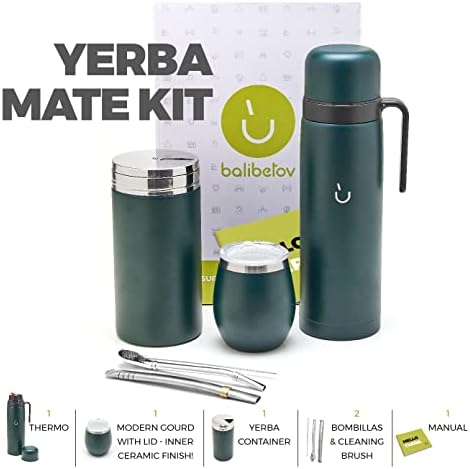 Balibetov Complete Yerba Mate Set - Modern Mate Gourd, ThermoM, Yerba Container, Bombilla e Cleaning Brush incluídos - All Premium