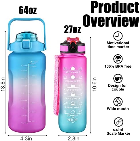 PLTCAT 2 Pacote de água, 27 oz e 64 oz Garrafa de água esportiva motivacional com marcador de tempo para casais, à prova de