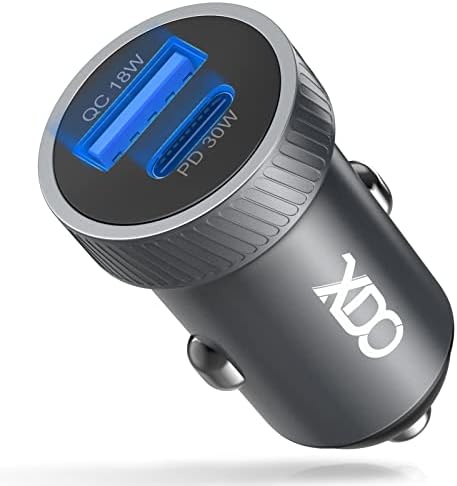 XDO USB C Carregador de carro Fast Charger Tipo C 48W Porta dupla PD e QC 3.0 Carregador de telefone de metal compacto