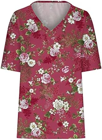 Tops de manga curta para senhoras Deep V pescoço gráfico floral solto ajuste plus size blusa casual camisetas adolescentes