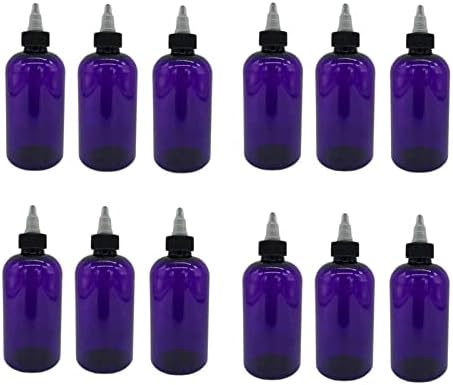 Garrafas de plástico de Boston Purple Boston de 8 oz - 12 pacote de garrafas vazias recarregáveis ​​- BPA Free - Óleos essenciais - Aromaterapia | Black/Natural Twist Top Cap - Feito nos EUA - por fazendas naturais