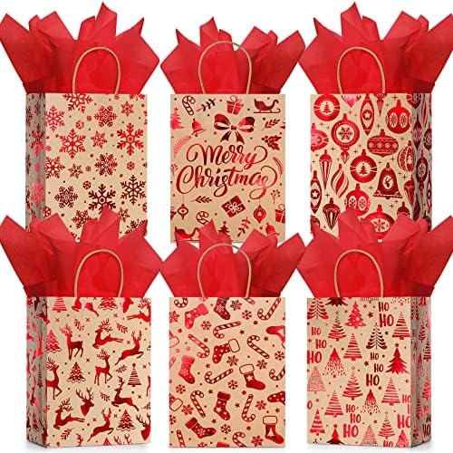 24 PCS Sacos de presente de Natal com papel de seda, Feliz Natal, Natal Kraft Paper Goodie Sacols com alças em massa para presente