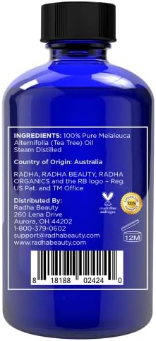 Radha Beauty Australian Tea Tree Oil 4 oz. - Grado terapêutico 100 % puro e natural - Ótimo com sabonetes, shampoo, lavagem corporal, aromaterapia para cuidados com as unhas, couro cabeludo, aromaterapia e difusor.