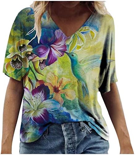 Tops femininos Summer v pescoço blusa camisetas de borboleta tops casuais com manga curta tops fofos de camisetas soltas
