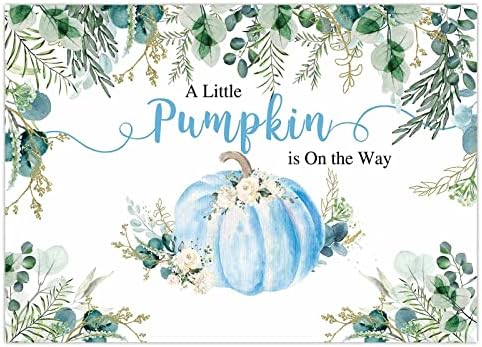 FunnyTree 7x5ft Little Blue Pumpkin Baby Charned para menino Flata de anúncios grávidas Partema de fundo suculenta e eucalipto folhas decorações Favorias de presentes