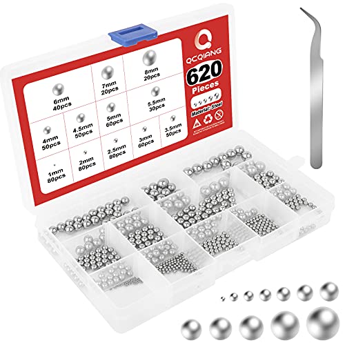 Qcqiang 620pcs 12 bolas de aço de precisão de tamanho, kit de sortimento de anel de moeda fazendo bolas 1 mm, 2 mm, 2,5 mm, 3 mm, 3,5 mm, 4 mm, 4,5 mm, 5 mm, 5,5 mm, 6mm, 7mm, 8mm, 8 mm