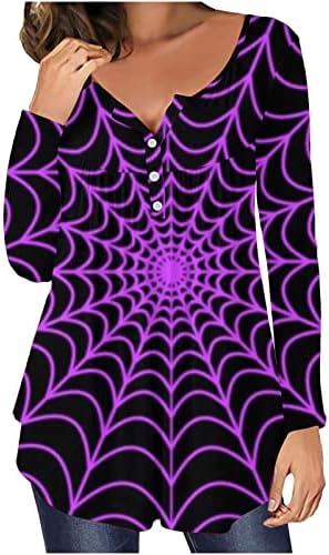 Túdos de túnica casual feminina Narhbrg para usar com leggings de manga longa Henley Bloups Spider Print Print Botton Up camisetas