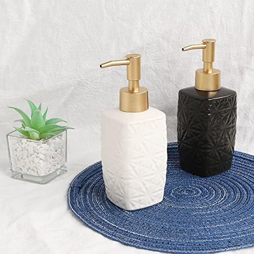 10 onças elegante dispensador de sabão de alívio floral de cerâmica, garrafa de bomba de loção para padrões em relevo decorativa para banheiro da cozinha e decoração de casa