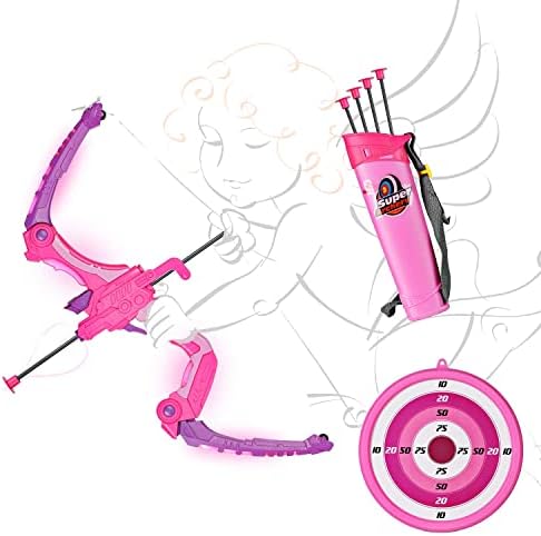 Sainsmart Jr. Kids se curto e flechas, iluminação de arco e flecha para crianças de caça ao ar livre com 5 flechas duráveis ​​de copo, arco luminoso e dispositivo de avistamento, rosa