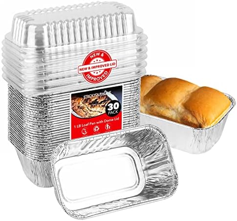 Faça um estoque de sua casa de mini panelas de pão de alumínio descartáveis ​​com tampas, 1 lb de tampa de tampa de cúpula de plástico nova e melhorada
