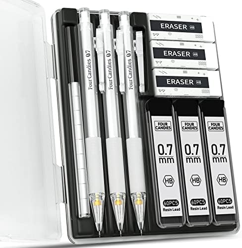 Quatro doces, lápis mecânicos com estojo - 3pcs 0,7mm Lápis mecânicos claros e reabastecimento de chumbo de 180pcs HB e apagadores