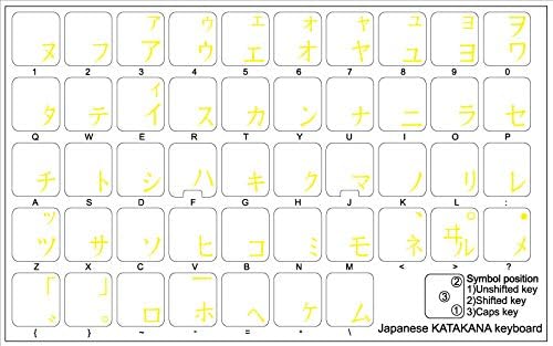 Adesivo japonês de teclado katakana com fundo transparente de letras amarelas