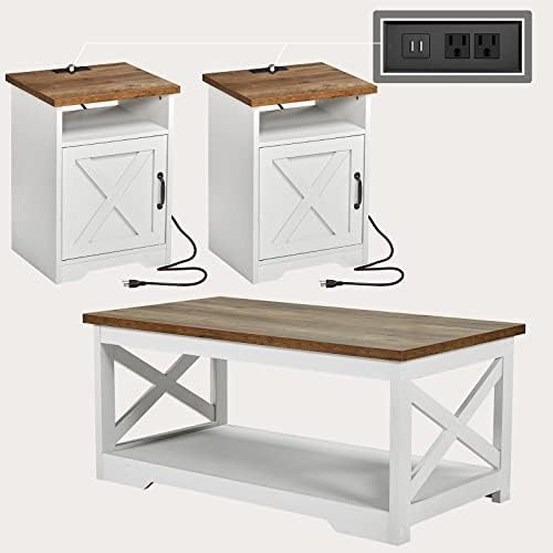 Amerlife Just Farthouse Settle Inclui mesa de café e duas mesas finais, mesa lateral com estação de carregamento e portas USB, para sala de estar, quarto, branco angustiado
