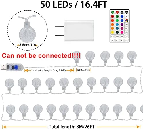 Luzes de corda globos de mudança de cor Plug USB, 16,4 pés 50 LEDS LUZES DE BOLHA DE CRISTAL DE CRISTRAL LUZES COM