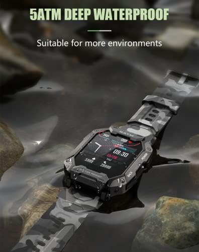 Seiconer Tactical Military Sports Smart Watch for Men, 5ATM/IP68 Rastreador de fitness à prova d'água Faixa cardíaca Pressão arterial SPO2 Monitor de sono, 1,71 Compatível em tela grande com Android & iPhone Smartwatch