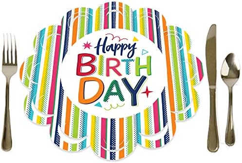 Grande ponto de felicidade alegre feliz aniversário - festa de aniversário colorida decorações de mesa redonda - carregadores de papel - cenário de lugar para 12