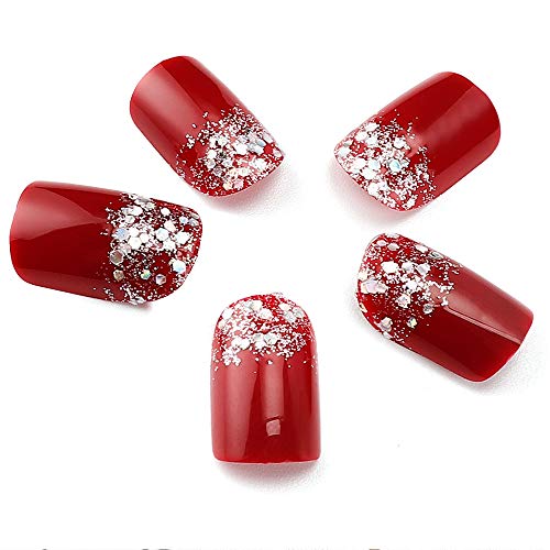 Liarty 24pcs Glitter de unhas falsas decoradas Red Solid Red Sques Short False False unhas Dicas