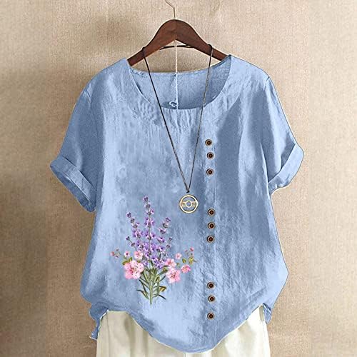 PBNBP Linho de algodão feminino blusas florais de plus size de verão camisetas de ajuste solto em volta do pescoço