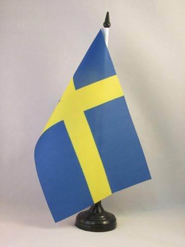 AZ Flag Suécia Bandeira 5 '' x 8 '' - Bandeira da mesa sueca 21 x 14 cm - Beck de plástico preto e base