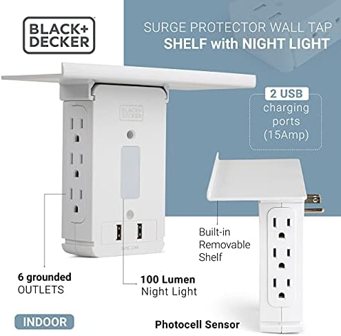 Black+Decker Surge Protector Outlet prateleira com luz noturna, 6 pontos de venda, 2 USB, 100 lúmen
