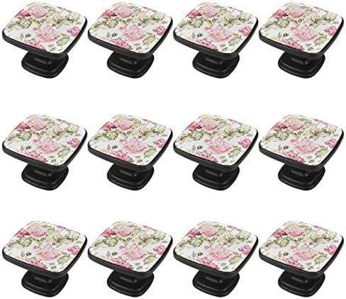 Guerotkr 12 PCs, alças de armário, botões de gabinete, maçanetas de cômoda, alças para armários e gavetas, padrão de planta de folhas de flores peônias rosa