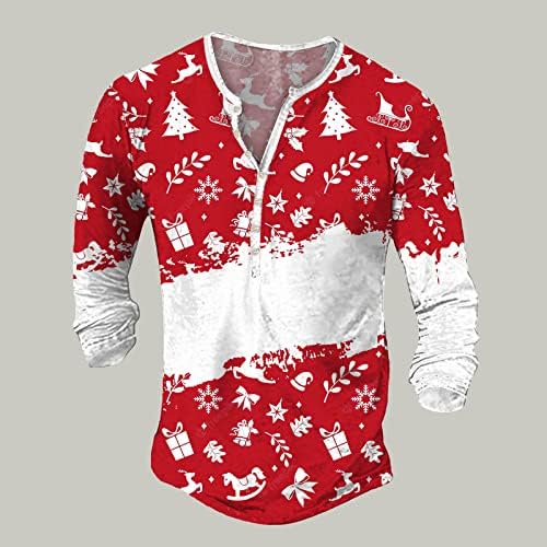 Wocachi Christmas Henley camisas para homens feios de natal rena Snowflake Impressão de manga longa V Botão de pescoço