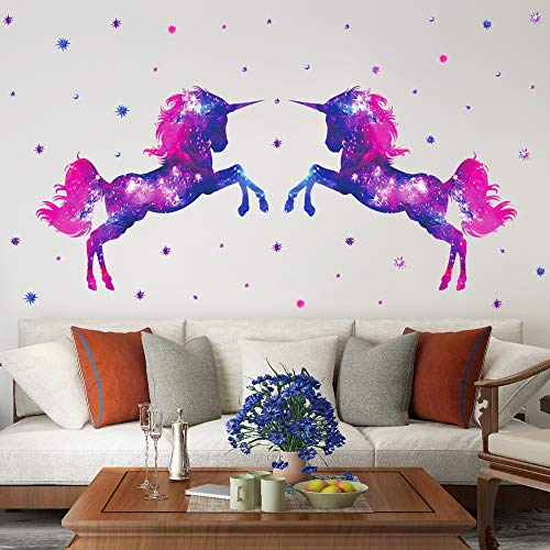 RW-D80 Dream Galaxy Purple Unicorn Wall Decalques Removíveis adesivos de parede de unicórnio com estrelas brilhantes Casca e palitos decoração de arte de parede para crianças meninos garotas quarto quarto decoração de festa caseira
