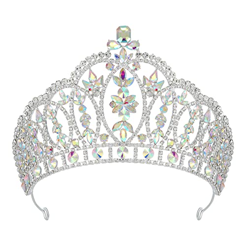 Sweetv Tiara Crown for Women, Tiara de casamento de concurso de prata para noiva, iridescente Princesa Diadem Birthday