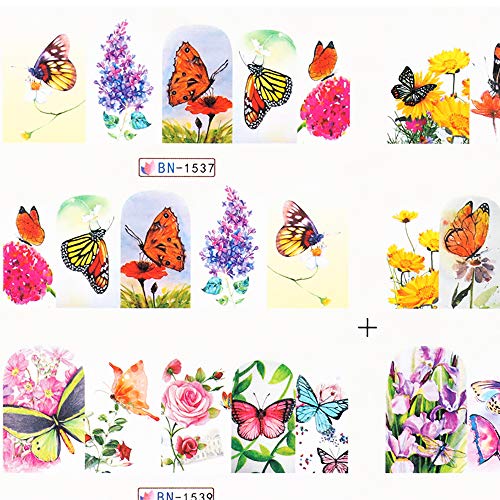 Adesivos de arte da borboleta, 12 folhas transferidas de água decalques de unhas de borboleta Flores projetos de borboleta