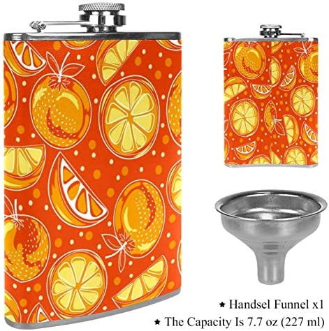 Balão de quadril para bebidas alcoólicas à prova de vazamento de aço inoxidável com funil 7,7 oz de couro, ótima ideia de presente de frasco - padrão de clementina laranja amarelo