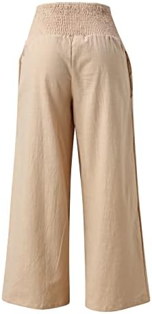Calças de linho casual de verão para mulheres calças de perna lisada solta calças longa com cintura com bolsos confortáveis