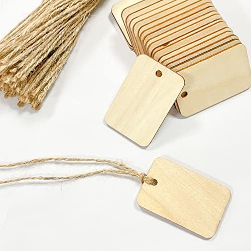 Pacote de 200 pacote de 2,2 polegadas de madeira com orifício e barbante, tag de presentes de madeira retângulo de canto cortado para