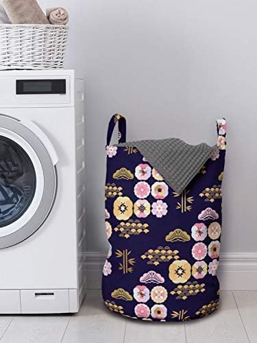 Bolsa de lavanderia asiática de Ambesonne, arte japonesa inspirou as nuvens de flores e ondas de sakura e as vibrações culturais estampa, cesta de cesto com alças fechamento de cordas para lavanderias, 13 x 19, índigo e multicolor