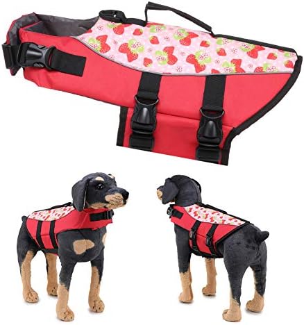 Colete salva -vidas XLH Dog for Pets Vida com alça para cães pequenos, médios e grandes com colete salva -vidas de flutuabilidade superior, padrão de morango vermelho, l