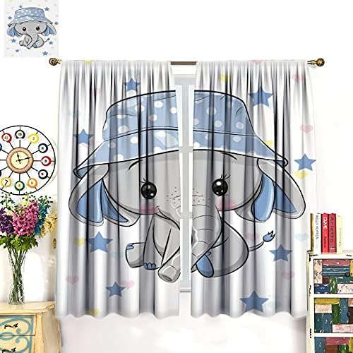 Desenho animado elefante elefante elefante elefante elefante com chapéu azul Blackout cortinas para quarto, janelas cortam cortinas de escurecimento com isolamento térmico 52x84inch
